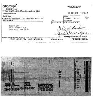 Check #0313-05327 to Manya Ort, $1,100, Sep 2006