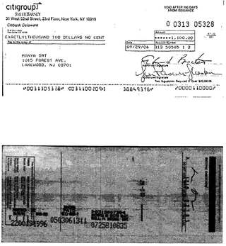 Check #0313-05328 to Manya Ort, $1,100, Sep 2006