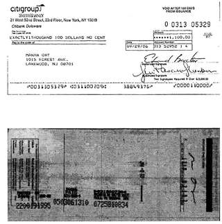 Check #0313-05329 to Manya Ort, $1,100, Sep 2006