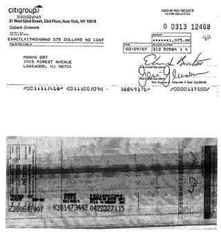 Check #0313-12468 to Manya Ort, $1,375, Mar 2007