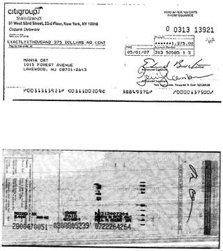 Check #0313-13921 to Manya Ort, $1,375, May 2007