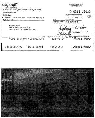Check #0313-13922 to Manya Ort, $1,375, May 2007