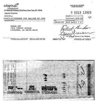 Check #0313-13923 to Manya Ort, $1,375, May 2007