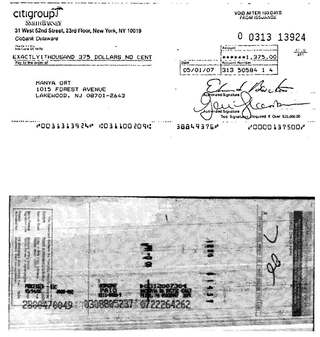 Check #0313-13924 to Manya Ort, $1,375, May 2007