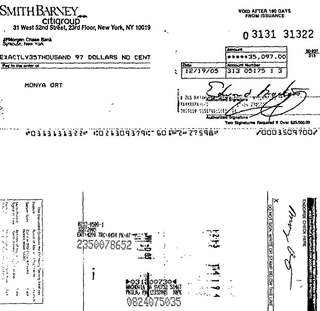 Smith Barney check for $35,097.00 to Monya Ort