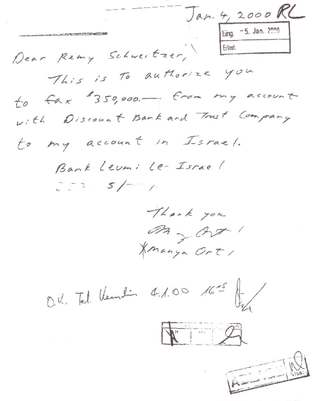 Handwritten authorization to wire $350,000 to Israel