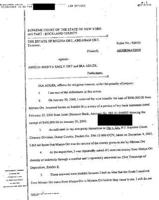 Affirmation of Ira Adler in Estate of Regina Ort v. Amelia Manya Emily Ort and Ira Adler (Index 926/03)