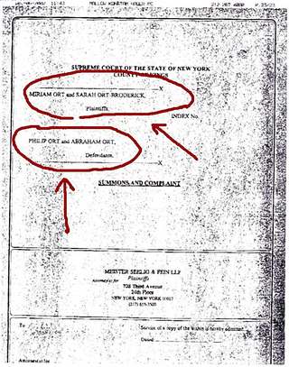 Summons and Complaint cover: Miriam Ort and Sarah Ort-Broderick v. Philip Ort and Abraham Ort (NY Supreme Court, Kings County)
