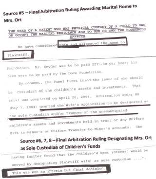 Arbitration ruling excerpts: marital home awarded to plaintiff; Mrs. Ort sole custodian of children's funds