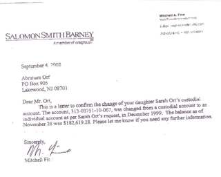 Salomon Smith Barney letter confirming Sarah Ort's custodial account was changed to an individual account (Dec. 1999)