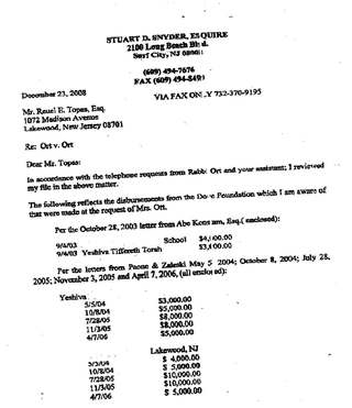 Attorney letter listing Donor Foundation disbursements made at Mrs. Ort's request, 2003-2006 (page 1)
