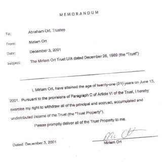 Memorandum from Miriam Ort withdrawing all property of the Miriam Ort Trust (December 3, 2001)