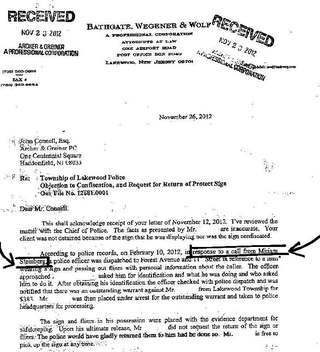 Attorney letter re Lakewood police detention of sign-holder, Feb. 10, 2012 (page 1)