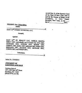 Draft Judgment of Partition and Sale, East 16th Street property (settlement exhibit)