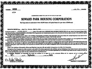 Seward Park Housing Corporation stock certificate #3556 (22.75 shares)