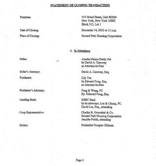 Co-op closing statement: statement of closing transaction, December 2012