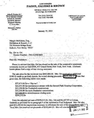 Attorney letter reporting co-op sale proceeds, January 15, 2013 — page 1
